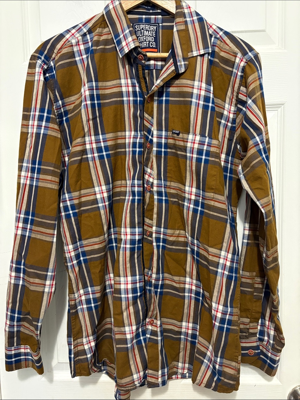 Superdry Men's Brown and Blue Plaid Button-Down Shirt